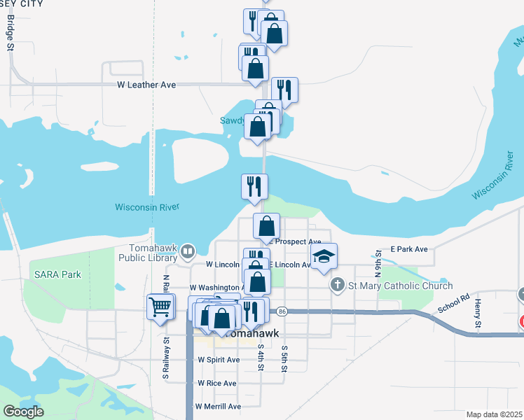 map of restaurants, bars, coffee shops, grocery stores, and more near 412 North 4th Street in Tomahawk