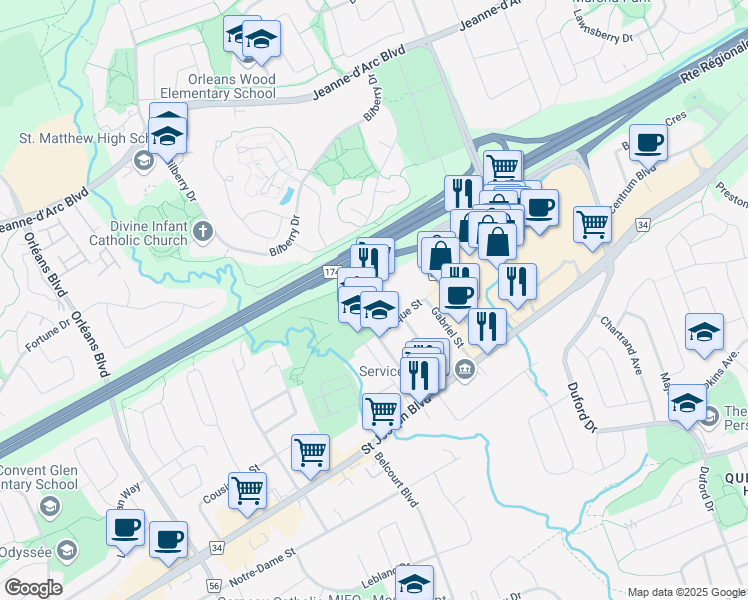 map of restaurants, bars, coffee shops, grocery stores, and more near in Ottawa