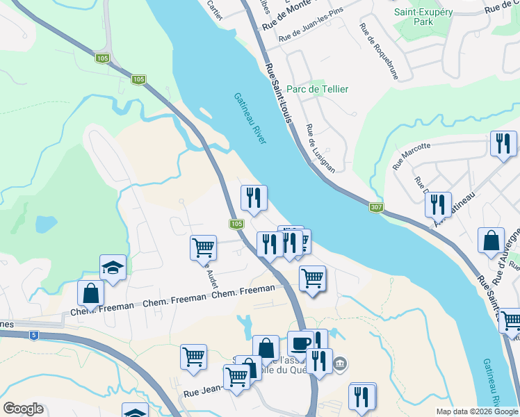 map of restaurants, bars, coffee shops, grocery stores, and more near 22 Rue du Rivage in Gatineau