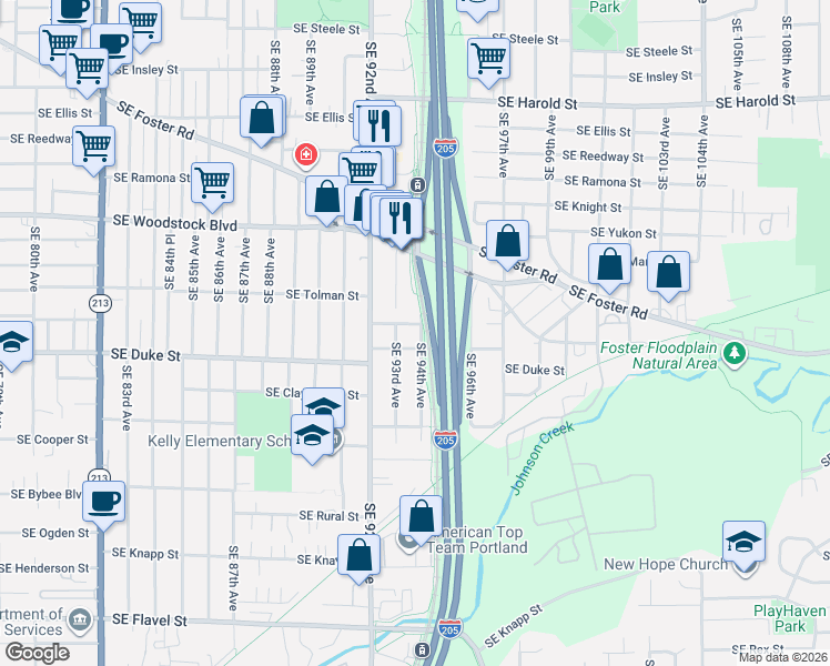 map of restaurants, bars, coffee shops, grocery stores, and more near 6317 Southeast 94th Avenue in Portland