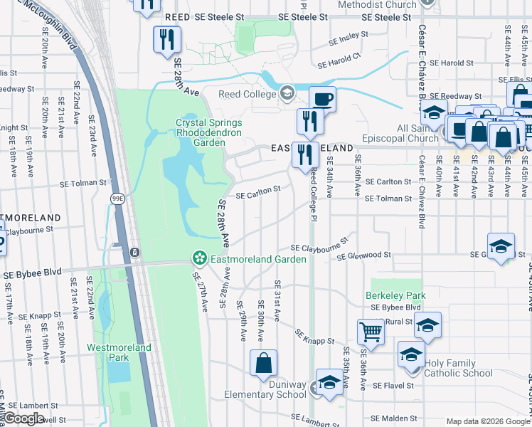 map of restaurants, bars, coffee shops, grocery stores, and more near 2930 Southeast Carlton Street in Portland