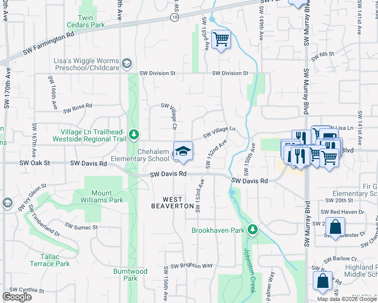 map of restaurants, bars, coffee shops, grocery stores, and more near 15560 Southwest Village Lane in Beaverton