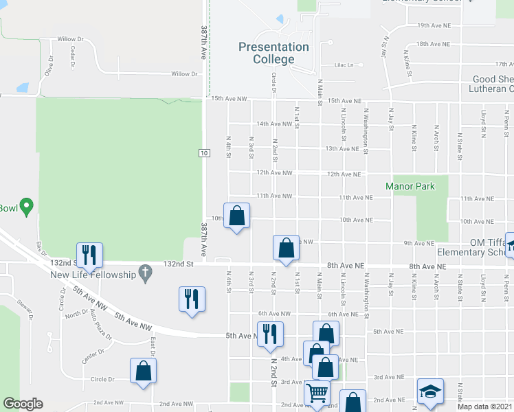 map of restaurants, bars, coffee shops, grocery stores, and more near 1101 North 2nd Street in Aberdeen