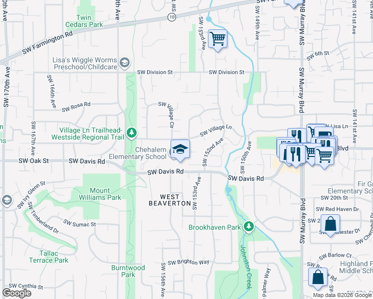 map of restaurants, bars, coffee shops, grocery stores, and more near 15560 Southwest Village Lane in Beaverton