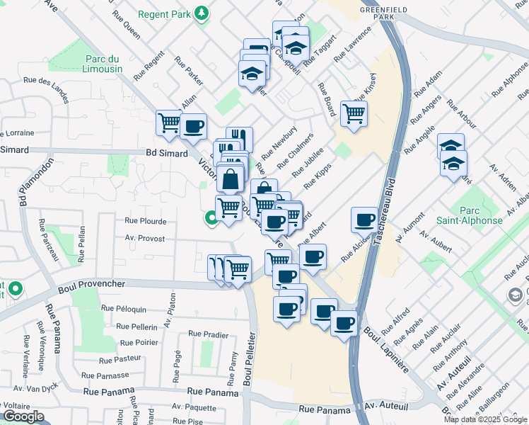 map of restaurants, bars, coffee shops, grocery stores, and more near in Longueuil