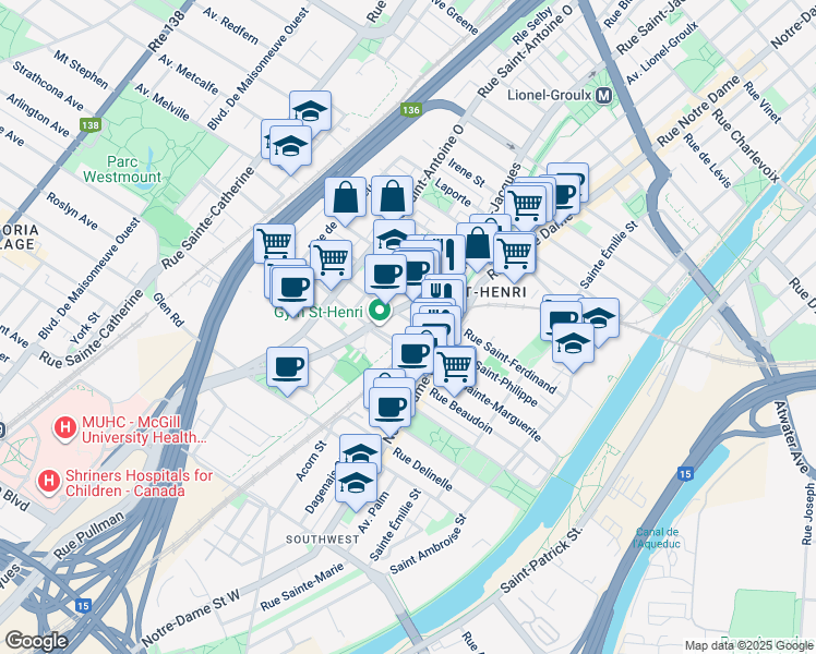 map of restaurants, bars, coffee shops, grocery stores, and more near 624 Rue Saint-Philippe in Montréal
