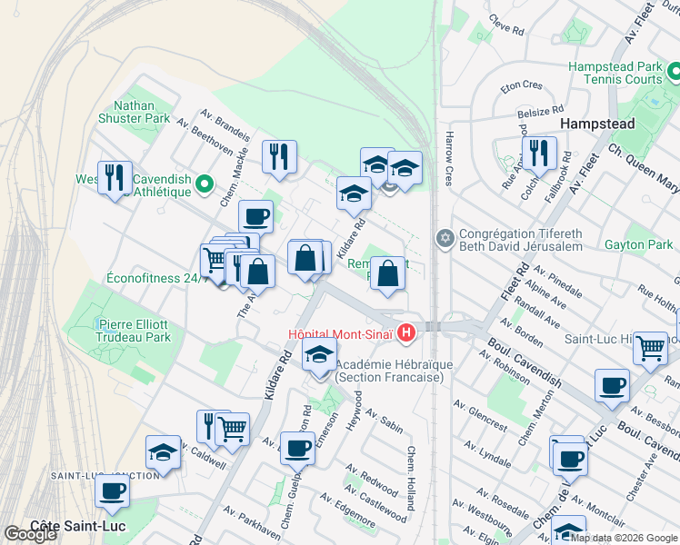 map of restaurants, bars, coffee shops, grocery stores, and more near 5790 Avenue Rembrandt in Côte Saint-Luc