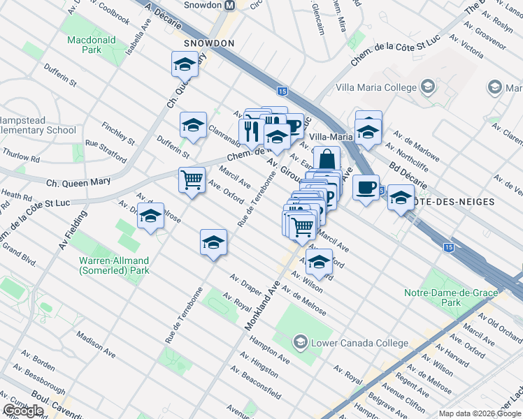 map of restaurants, bars, coffee shops, grocery stores, and more near 4459 Avenue d'Oxford in Montréal