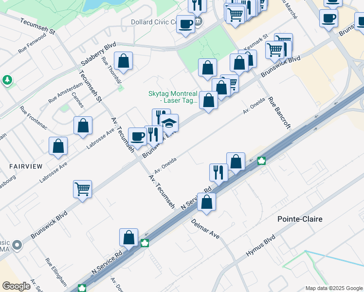 map of restaurants, bars, coffee shops, grocery stores, and more near 181 Avenue Oneida in Pointe-Claire