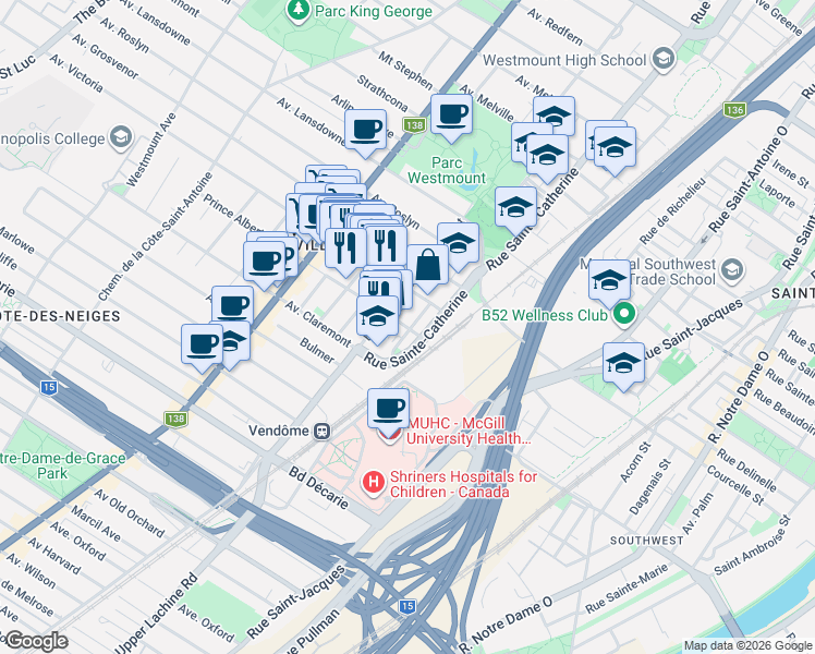 map of restaurants, bars, coffee shops, grocery stores, and more near 235 Prince Albert Avenue in Westmount