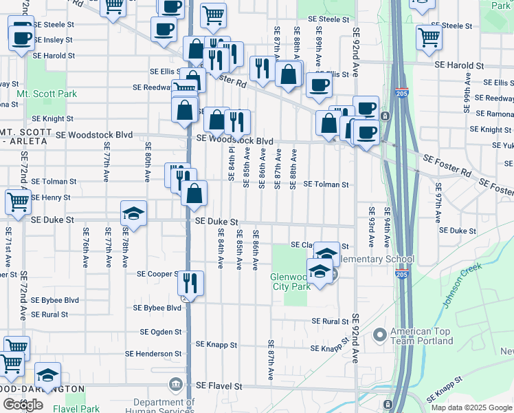map of restaurants, bars, coffee shops, grocery stores, and more near 6401 Southeast 86th Avenue in Portland