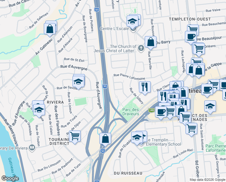 map of restaurants, bars, coffee shops, grocery stores, and more near 7 Rue Homier in Gatineau