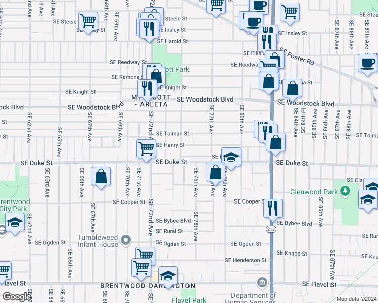 map of restaurants, bars, coffee shops, grocery stores, and more near 7439 Southeast Henry Street in Portland
