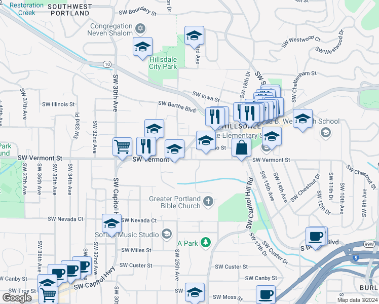map of restaurants, bars, coffee shops, grocery stores, and more near 6531 Southwest Capitol Highway in Portland