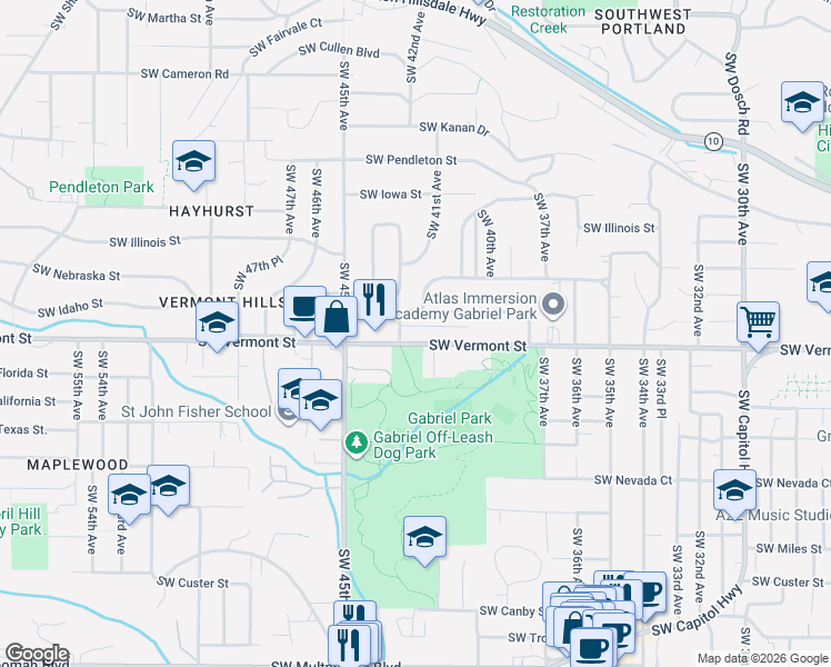 map of restaurants, bars, coffee shops, grocery stores, and more near 4323 Southwest Idaho Drive in Portland