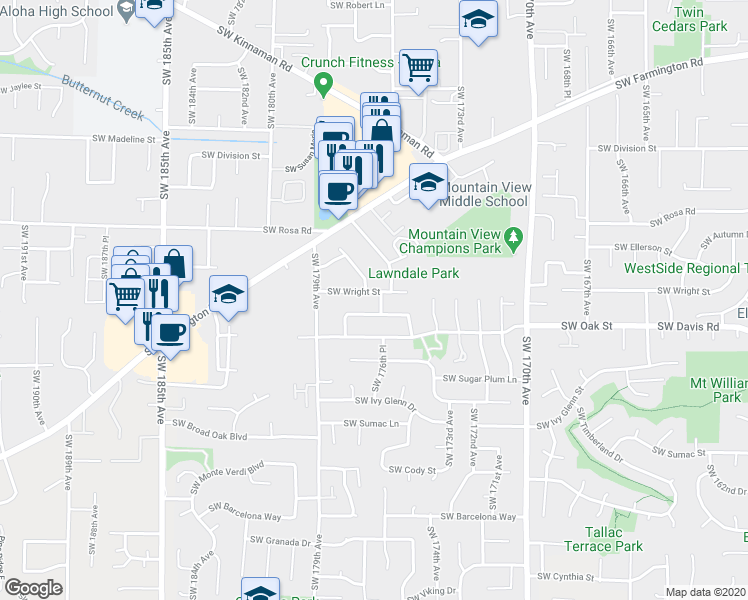 map of restaurants, bars, coffee shops, grocery stores, and more near 5925 Southwest 177th Avenue in Aloha