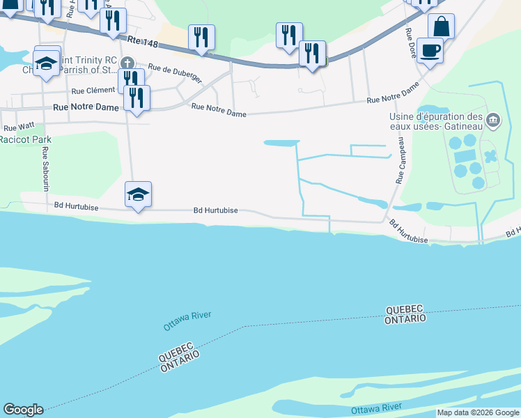 map of restaurants, bars, coffee shops, grocery stores, and more near 791 Boulevard Hurtubise in Gatineau