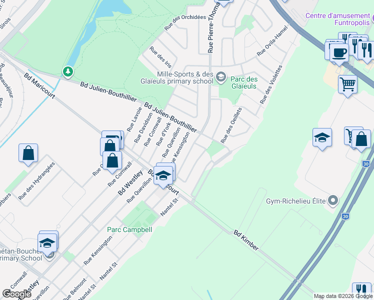 map of restaurants, bars, coffee shops, grocery stores, and more near 4093 Rue des Pervenches in Longueuil