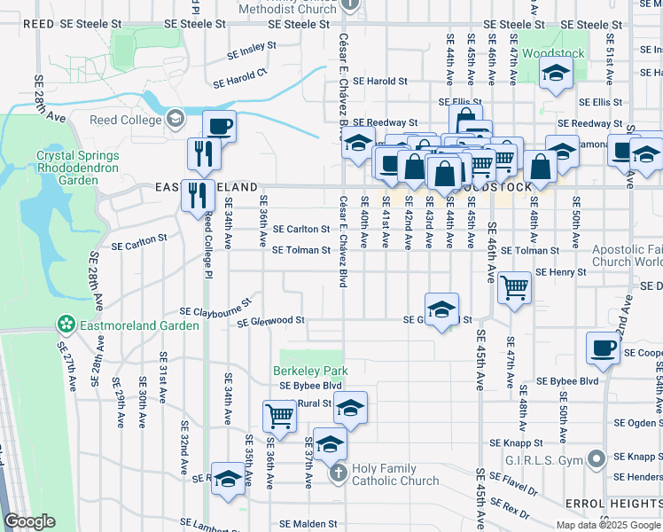 map of restaurants, bars, coffee shops, grocery stores, and more near 3811 Southeast Henry Street in Portland