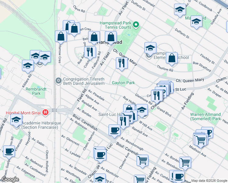 map of restaurants, bars, coffee shops, grocery stores, and more near 18 Rue Gayton in Hampstead