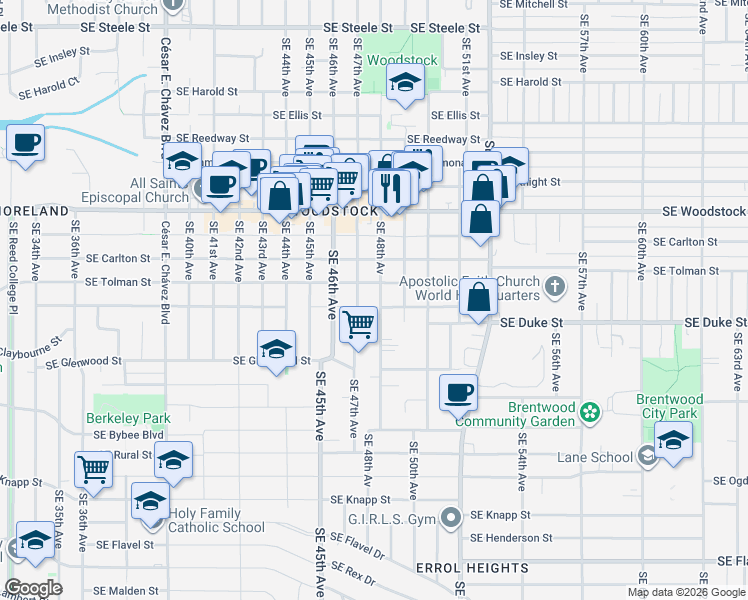 map of restaurants, bars, coffee shops, grocery stores, and more near 4859 Southeast Tolman Street in Portland