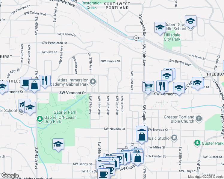 map of restaurants, bars, coffee shops, grocery stores, and more near 3441 Southwest Vermont Street in Portland