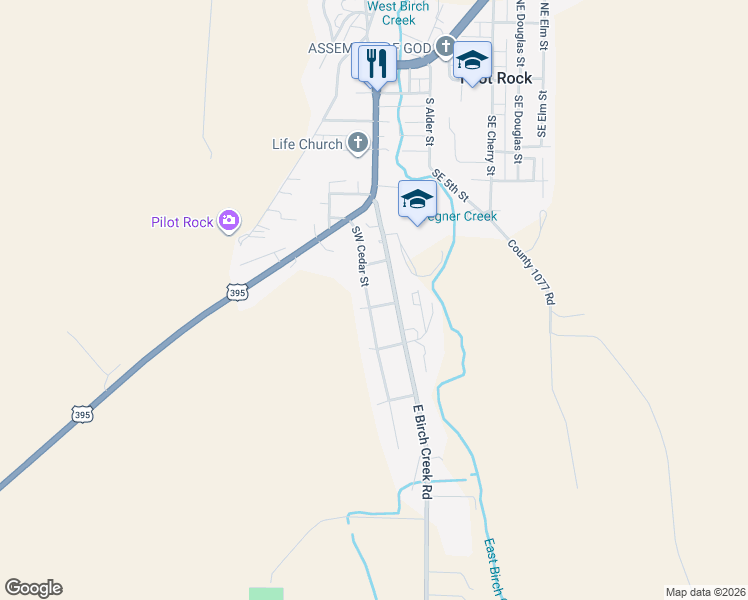 map of restaurants, bars, coffee shops, grocery stores, and more near 653 Southwest Birch Street in Pilot Rock