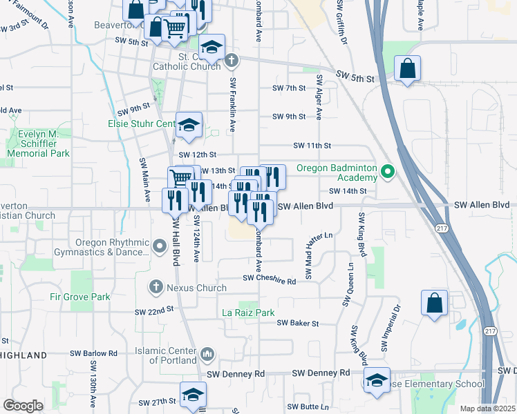 map of restaurants, bars, coffee shops, grocery stores, and more near Southwest Allen Boulevard & Southwest Lombard Avenue in Beaverton