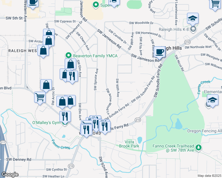 map of restaurants, bars, coffee shops, grocery stores, and more near 6020 Southwest Arrow-Wood Lane in Portland