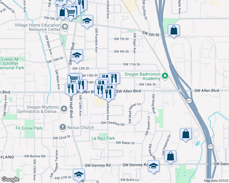 map of restaurants, bars, coffee shops, grocery stores, and more near 11900 SW Allen Blvd in Beaverton