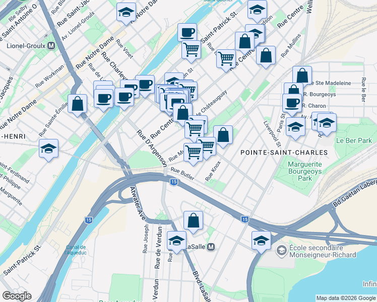 map of restaurants, bars, coffee shops, grocery stores, and more near 2710 Rue Mullins in Montréal