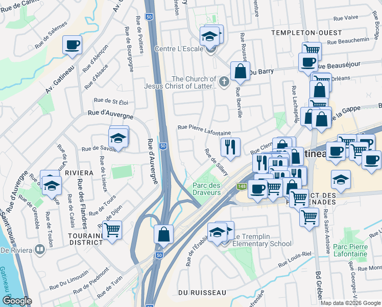 map of restaurants, bars, coffee shops, grocery stores, and more near 205 Rue Pierre Lafontaine in Gatineau