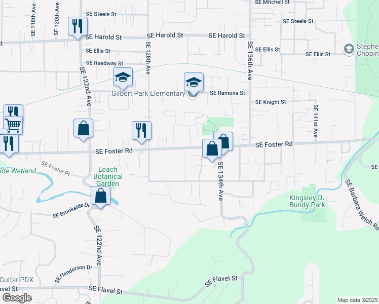 map of restaurants, bars, coffee shops, grocery stores, and more near 13049 Southeast Foster Road in Portland