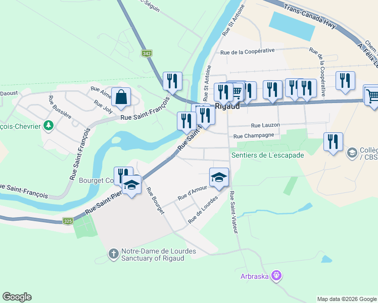 map of restaurants, bars, coffee shops, grocery stores, and more near 8 Rue Sainte-Madeleine in Rigaud