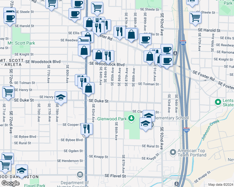 map of restaurants, bars, coffee shops, grocery stores, and more near 6375 Southeast 86th Avenue in Portland