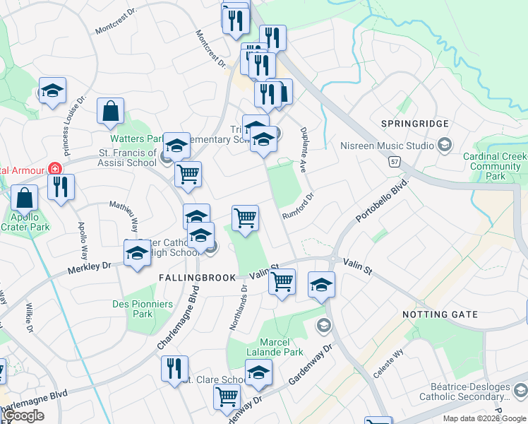 map of restaurants, bars, coffee shops, grocery stores, and more near 1613 Trenholm Lane in Ottawa