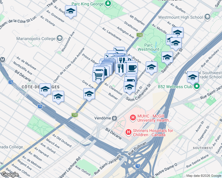 map of restaurants, bars, coffee shops, grocery stores, and more near 2090 Avenue Claremont in Montréal