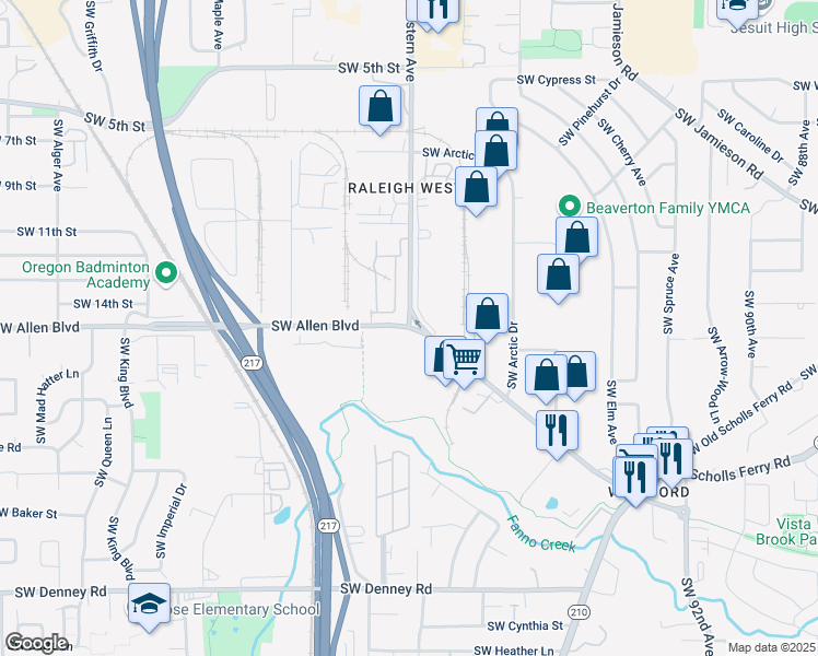map of restaurants, bars, coffee shops, grocery stores, and more near 12960 SW Allen Blvd in Beaverton