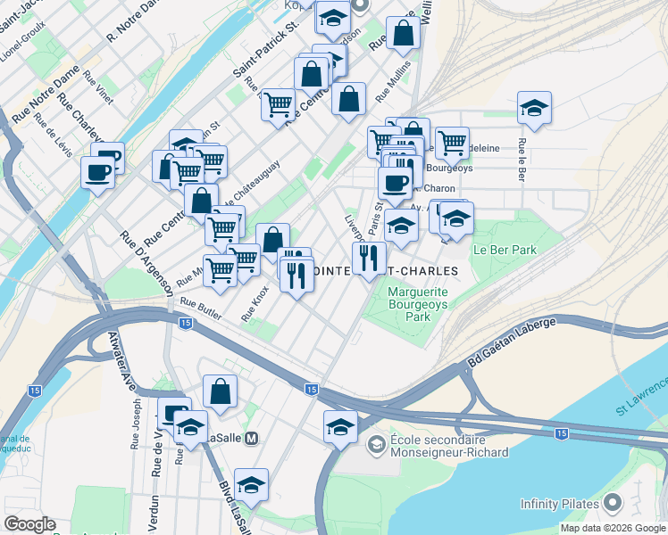 map of restaurants, bars, coffee shops, grocery stores, and more near 2343 Rue de Rozel in Montréal