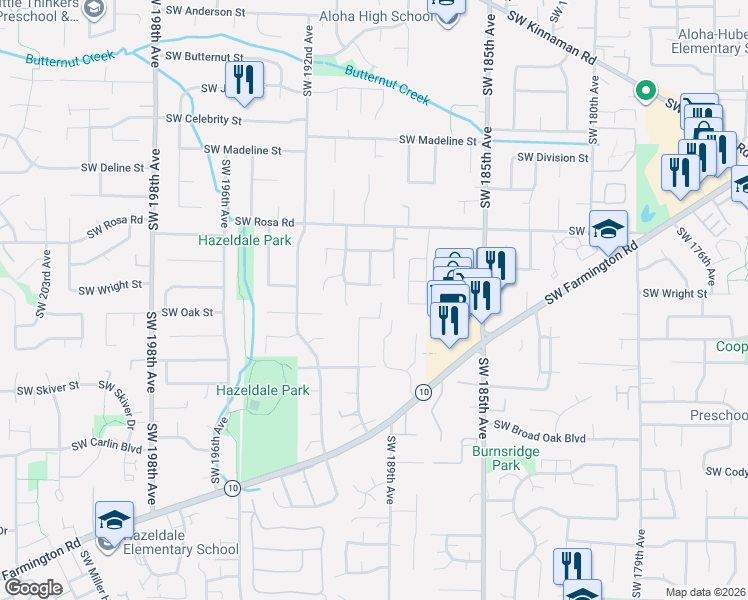 map of restaurants, bars, coffee shops, grocery stores, and more near 18945 Southwest Hazelwood Lane in Aloha