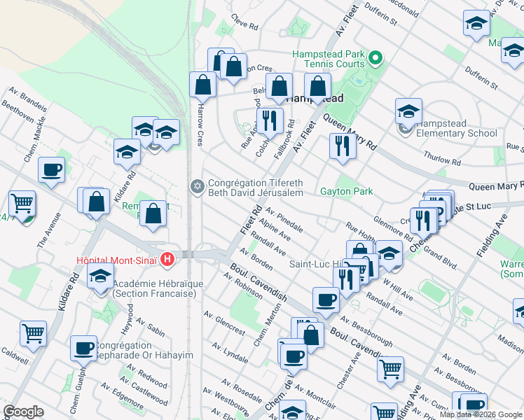 map of restaurants, bars, coffee shops, grocery stores, and more near 5578 Avenue Pinedale in Côte Saint-Luc