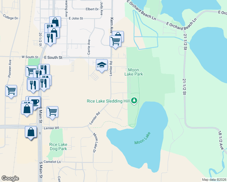 map of restaurants, bars, coffee shops, grocery stores, and more near 602 Jupiter Court in Rice Lake