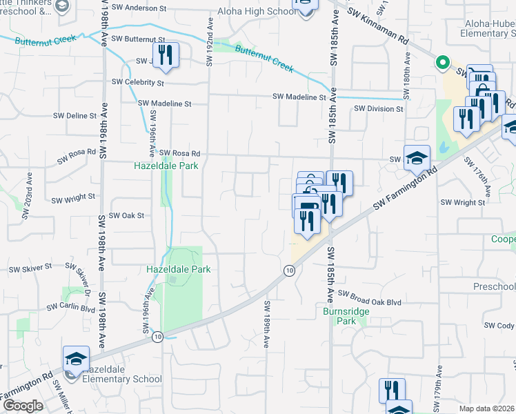 map of restaurants, bars, coffee shops, grocery stores, and more near 18939 Southwest Hazelwood Lane in Beaverton