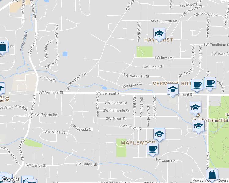 map of restaurants, bars, coffee shops, grocery stores, and more near 5753 Southwest Vermont Street in Portland