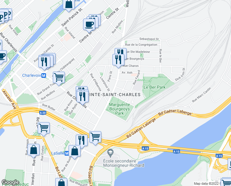 map of restaurants, bars, coffee shops, grocery stores, and more near 2188 Wellington Street in Montrã©Al