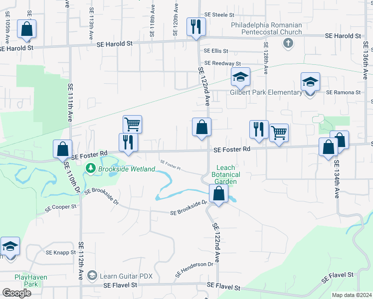map of restaurants, bars, coffee shops, grocery stores, and more near 12065 Southeast Foster Road in Portland