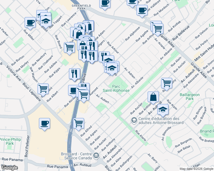 map of restaurants, bars, coffee shops, grocery stores, and more near in Brossard