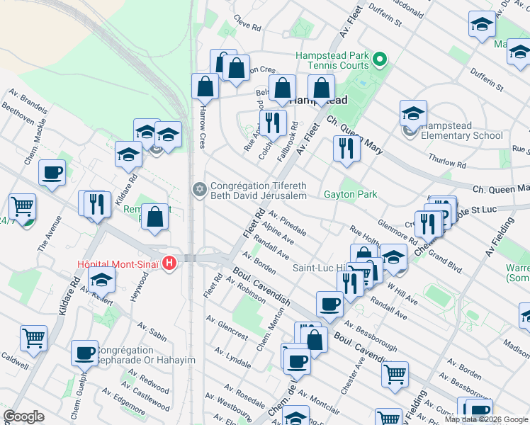 map of restaurants, bars, coffee shops, grocery stores, and more near 5578 Avenue Pinedale in Côte Saint-Luc