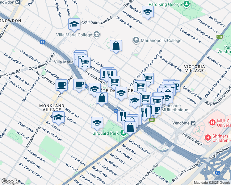 map of restaurants, bars, coffee shops, grocery stores, and more near 3800 Boulevard Décarie in Montréal