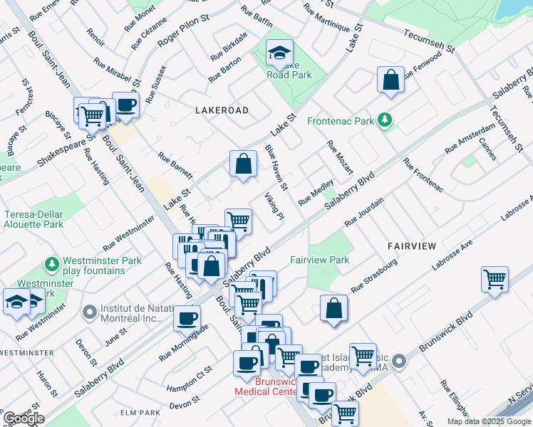 map of restaurants, bars, coffee shops, grocery stores, and more near 120 Rue Viking in Dollard-des-Ormeaux